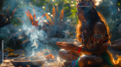 Indigenous medicine woman performing traditional ritual: ancestral shaman burning sacred herbs with mystical smoke in the forest.