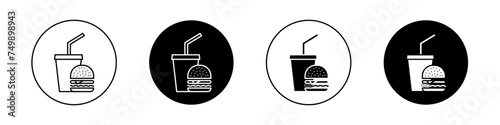 Hamburger and Soft Drink Cup Icon Set. Fast food and cup vector symbol in a black filled and outlined style. Taste on the Go Sign.