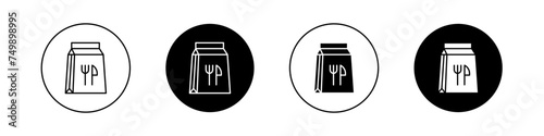 Food Delivery Paper Bag Icon Set. Takeaway lunch and grocery vector symbol in a black filled and outlined style. Convenience Delivered Sign.