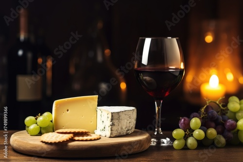 Red wine with assorted cheese by the fireplace for a cozy and intimate setting.