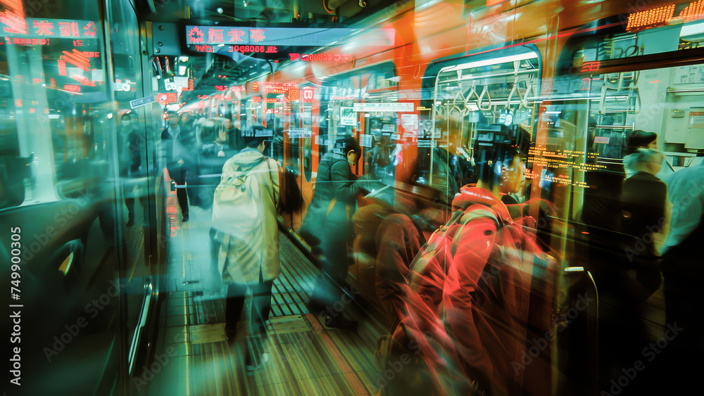 Dynamic image of a bustling city train station with blurred motion of passengers during rush hour. Dynamic image of a bustling city train station with blurred motion of passengers during rush hour.