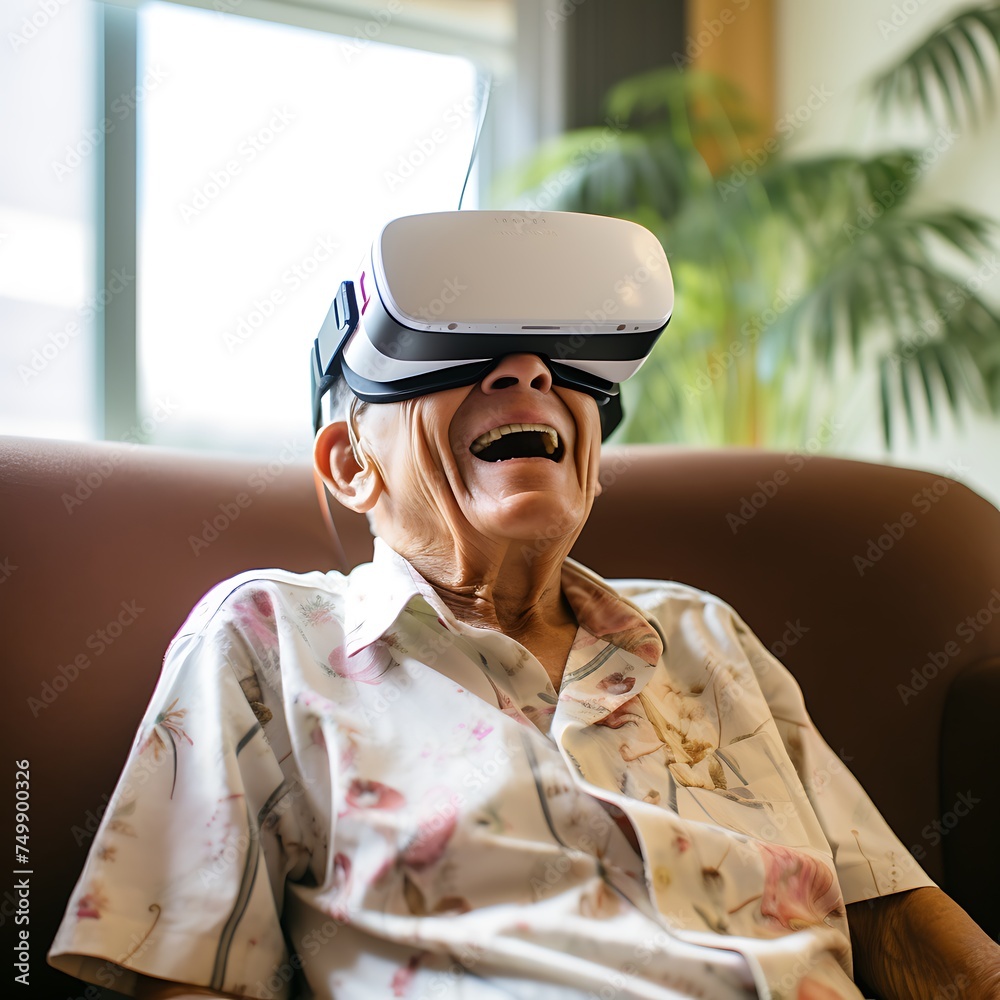 An elderly woman laughing joyfully as she engages with a virtual reality headset in a sunny room.