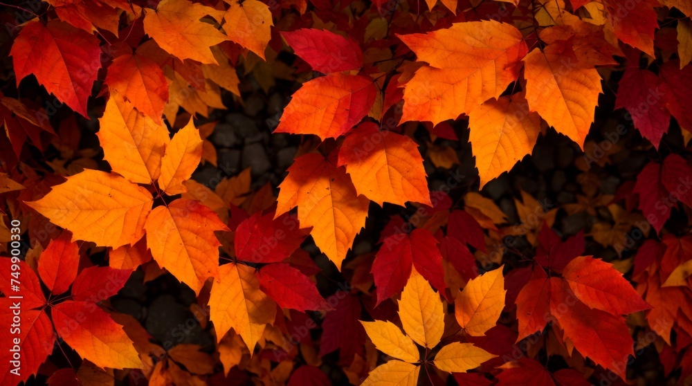 Fototapeta premium Autumn leaves in reds, oranges, and yellows overlapping in a vibrant display 