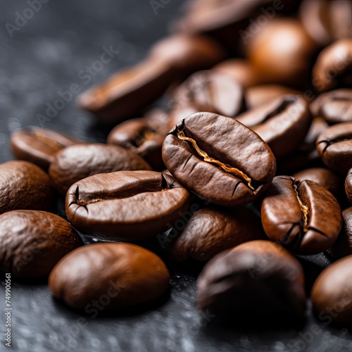 Roasted coffee beans on a grey background.