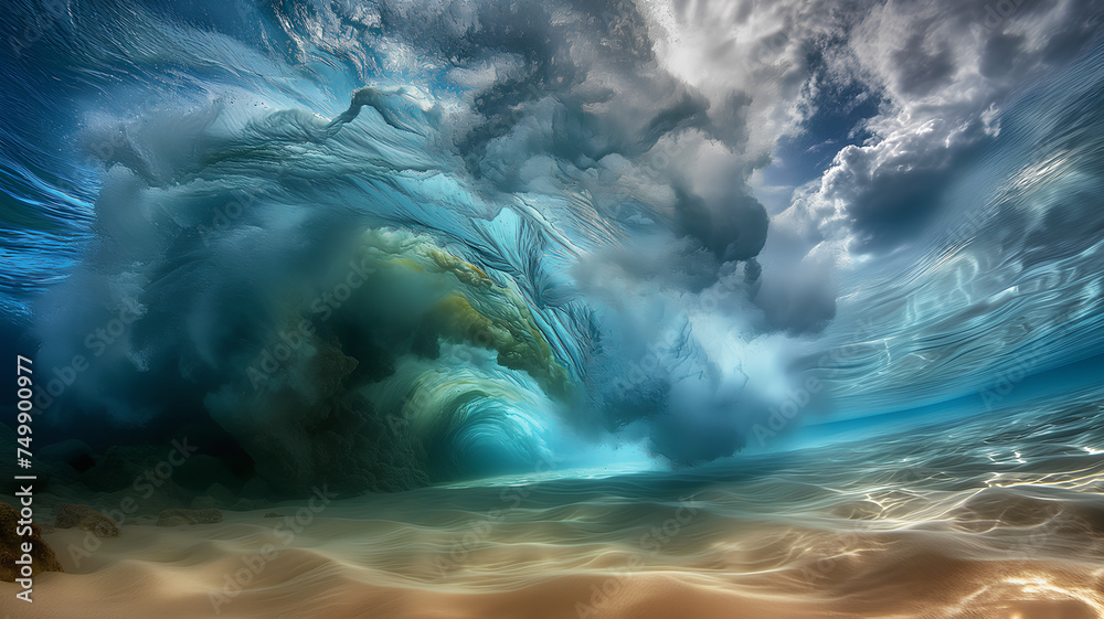 Underwater View of a Wave with Sunlight
. A stunning underwater perspective captures the dynamic movement and intricate textures of a wave, highlighted by the sunlight filtering through.
