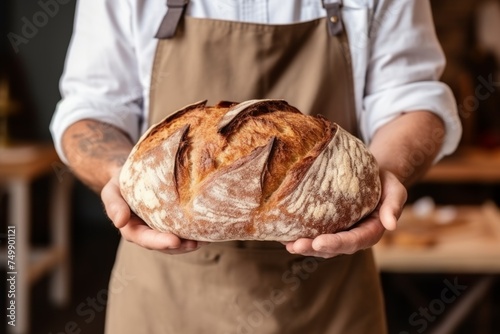 Experienced baker holding dark warm bread bakery fresh homemade wheat cake professional man kitchen work rustic business cafe coffee shop store owner tasty baked goods flour grain secret ingredient