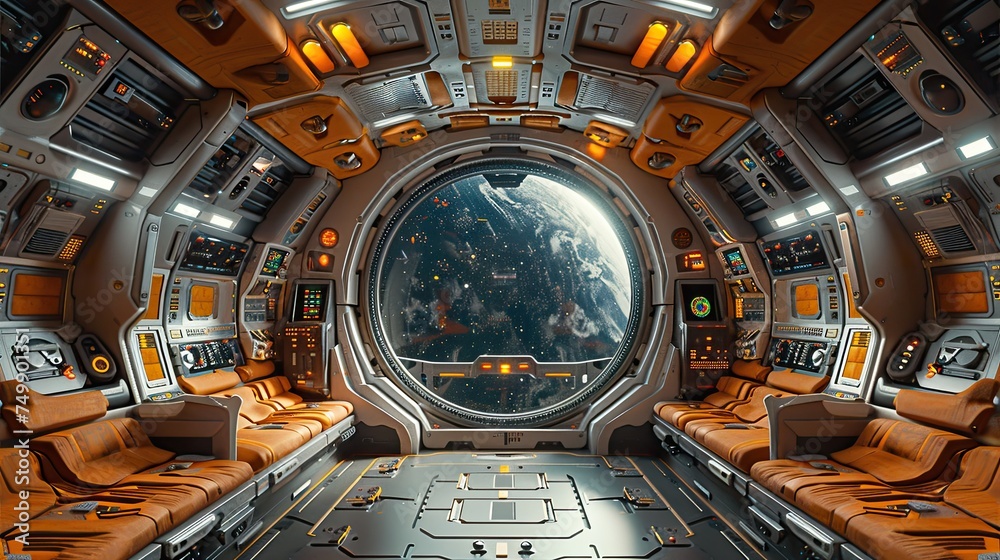 Spacecraft cockpit overlooking Earth from orbit. Generative AI