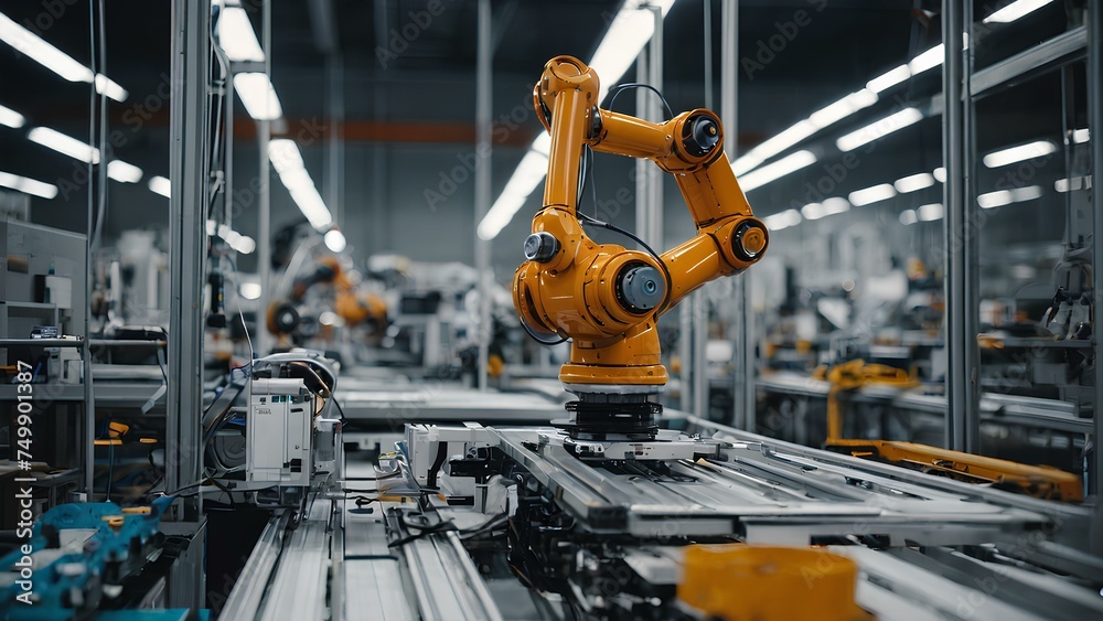 Industrial robot arm assembling a high-tech gadget Industrial robot arm assembling a high-tech gadget
