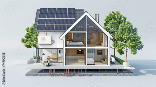 sustainable modern house building with solar panels and heat pump illustration © andreusK