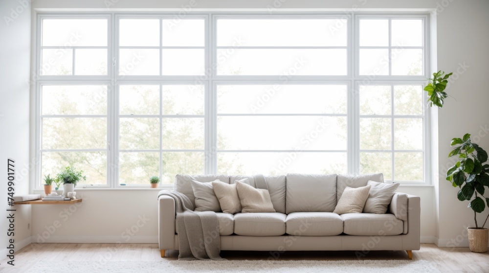 Bright airy living room with large windows comfortable sofa and modern decor Bright airy living room with large windows comfortable sofa and modern decor