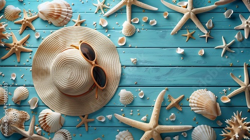 A beach-themed mockup featuring a straw hat, sunglasses, and seashells on a blue wooden surface, perfect for vacation planning or travel-related content