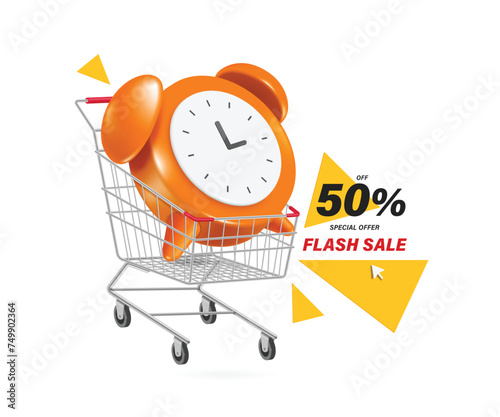 Flash sale promotion ,Alarm clock in steel shopping cart notifying limited time promotion flash sale, special offer 50% off, vector 3d isolated on white background for banner advertising design