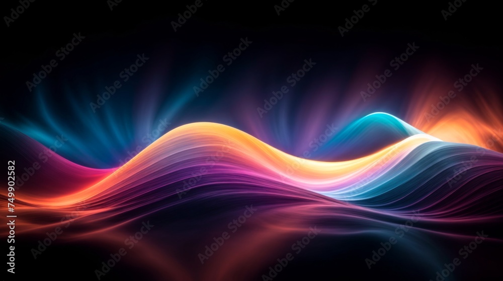 Bright vibrant light waves blend dynamically with dark colors 