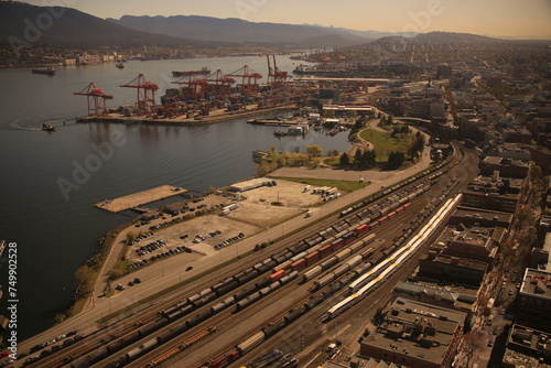 aerial picture of canadian freight trains in a railway station photo