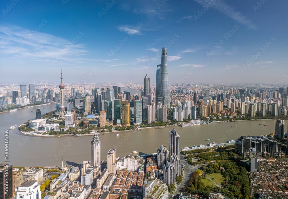 Fototapeta premium The drone aerial view of Huangpu River and Lujizui finance and trade zone, Shanghai, China.