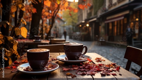 coffee on a cafe table street view autumn