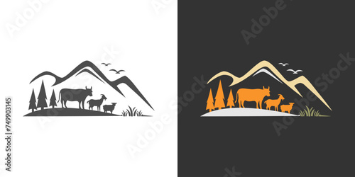 livestock sheep goat cow tree mountain logo cattle vector illustration