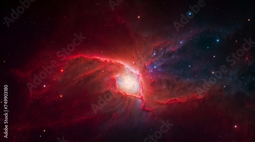 Captivating cosmic nebula adorned with red and blue stars 
