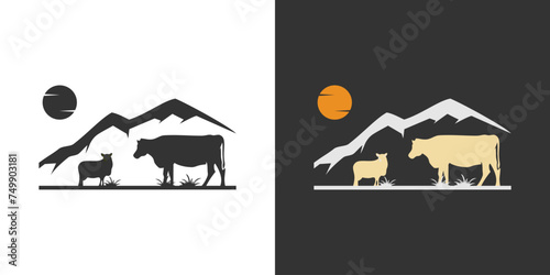 livestock sheep cow mountain logo cattle vector illustration