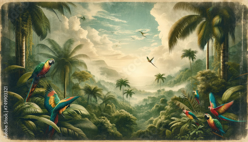 Wallpaper of tropical leaves in Lush Tropical Rainforest   old vintage drawing   landscape   Wall art   birds   Jungle   parrot   Macaws