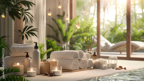 Elegant Spa Retreat with Candlelight and Foliage . A luxurious spa environment with soft towels  lit candles  and vibrant foliage  exuding a warm  inviting glow. 