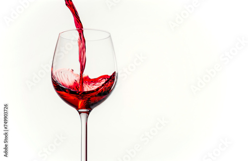 Dynamic Red Wine Pour, Vivid Splash in Crystal Glass. Vibrant wine stream flowing into elegant stemware, against a pure white backdrop