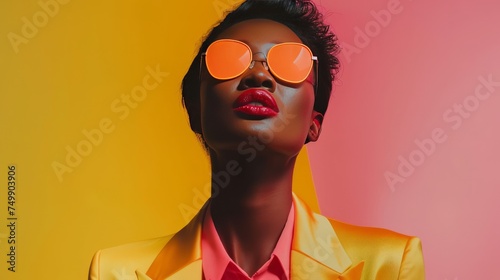 Black women wearing flashy neon makeup will shine with bright lipstick and trendy makeup. At the same time maintaining the style of dress and the bright background. It's like shooting an advertisement photo