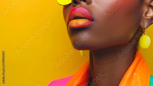 Black women wearing flashy neon makeup will shine with bright lipstick and trendy makeup. At the same time maintaining the style of dress and the bright background. It's like shooting an advertisement photo