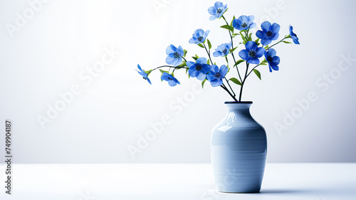 Modern allure white backdrop, minimalist image, dark blue vase, vibrant blue flowers.