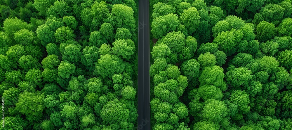 Aerial view of a stunning curved road cutting through lush green forest during the rainy season