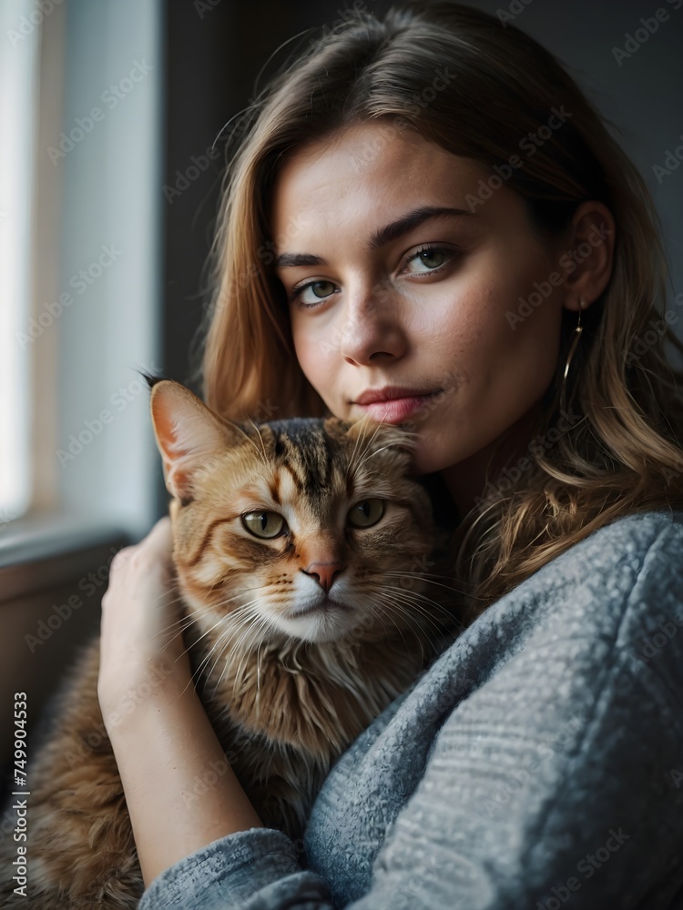 Portrait of a young woman and her cat.