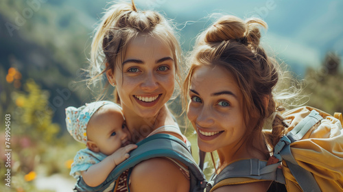 Two joyful women hiking together, one carrying a baby