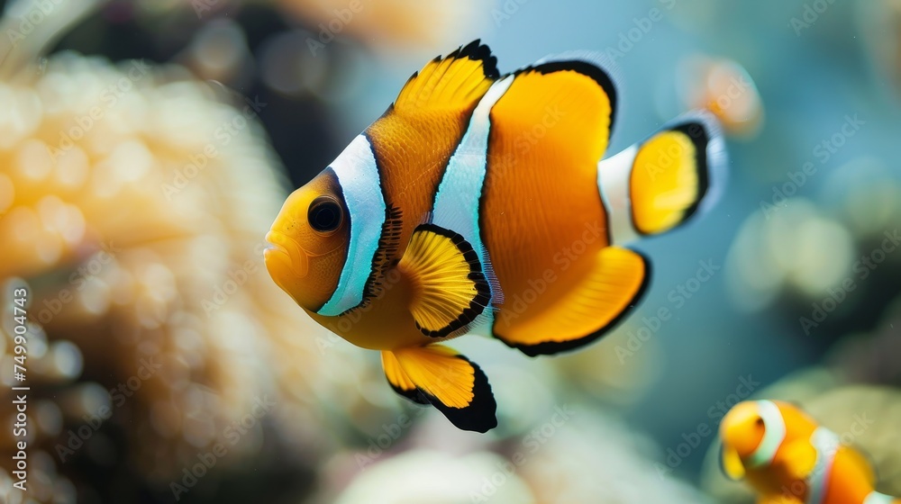 Fototapeta premium Colorful fish and vibrant corals in saltwater aquarium create a lively aquatic scene.