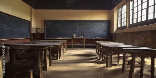 Classroom on the day of the entrance ceremony with messages drawn in chalk on the blackboard photo