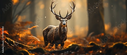 Deer in the autumn forest. Deer in nature. Deer portrait. Deer eye