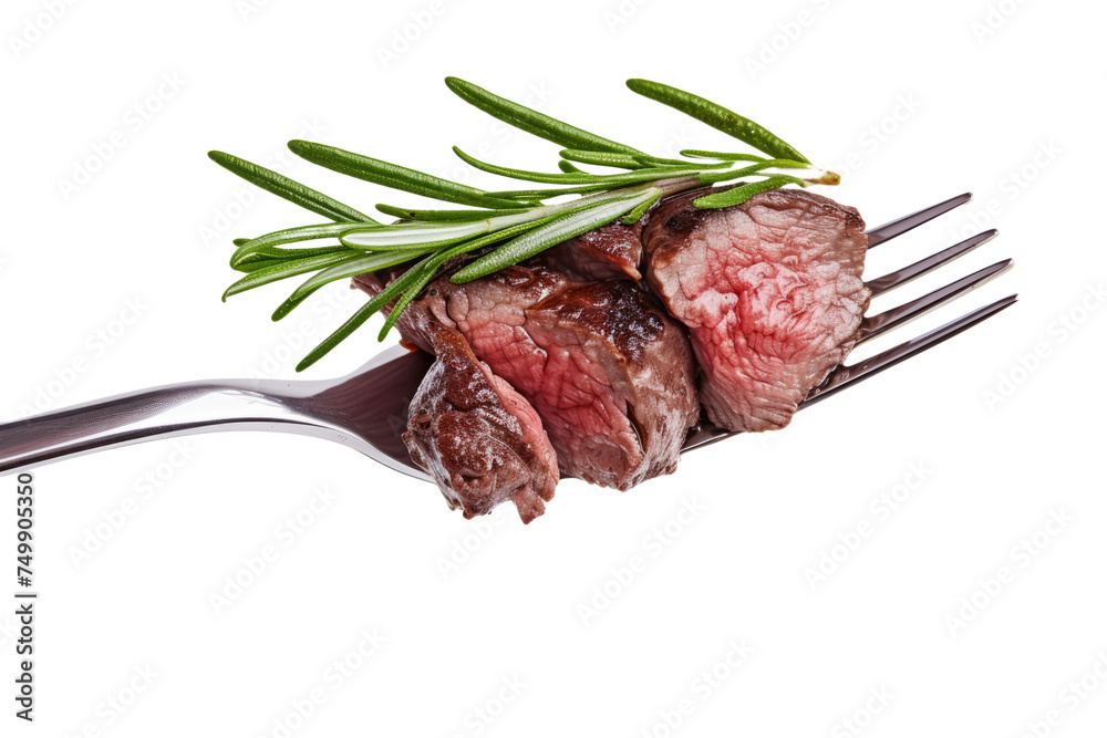 A fork holding a succulent tip of venison tenderloin, showcasing the lean and gamey meat.isolated on white background. A fork holding a succulent tip of venison tenderloin, showcasing the lean and gamey meat.isolated on white background.