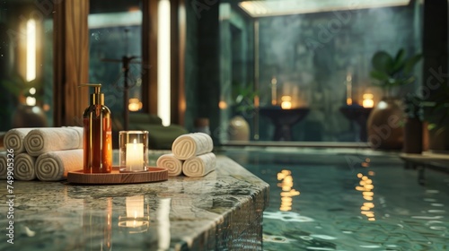 Luxurious Spa Poolside with Candles and Plush Towels.