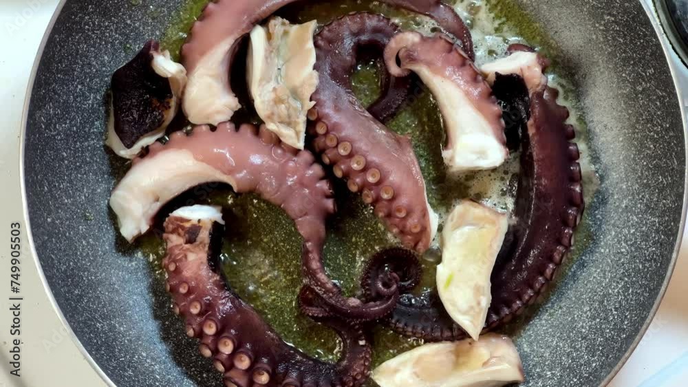 Okapi Cooked An octopus, a terrestrial animal, is being cooked in a frying pan on a ...