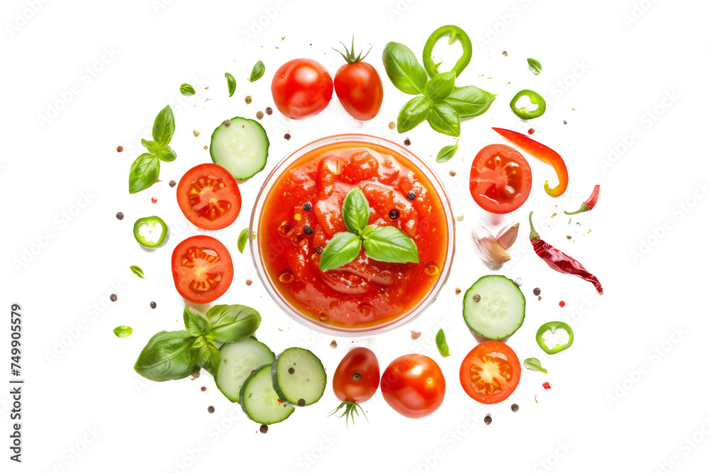 top view of Spanish gazpacho, a chilled tomato-based soup with cucumbers, bell peppers, onions, garlic, and olive oil. top view of Spanish gazpacho, a chilled tomato-based soup with cucumbers, bell peppers, onions, garlic, and olive oil.