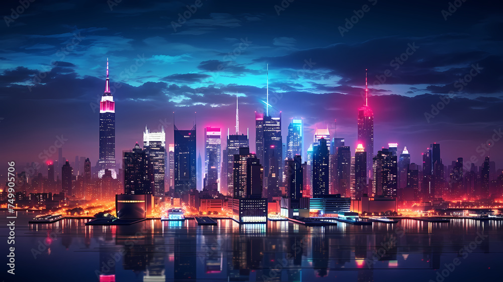 Vibrant cityscape with towering skyscrapers glowing with neon lights under the sunset sky