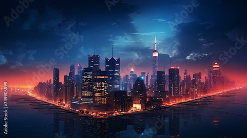 Vibrant cityscape with towering skyscrapers glowing with neon lights under the sunset sky © xuan