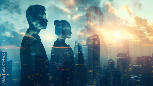 Corporate Team Silhouettes Overlooking City at Sunset . Silhouetted business team standing against a backdrop of a cityscape bathed in the warm glow of a setting sun. 