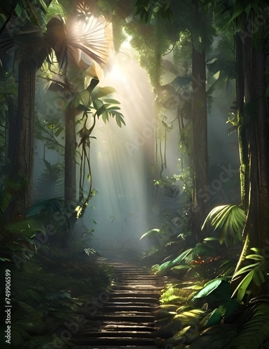 dark rainforest sun rays through the trees rich jungle greenery atmospheric fantasy forest 3d illustration Generative AI