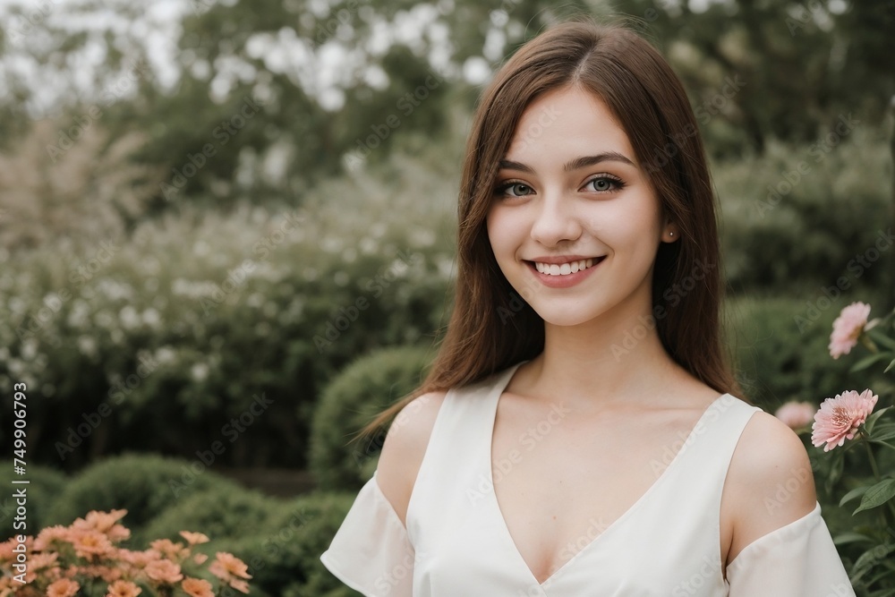 Cheerful young woman dressed in stylish clothes walking in a beautiful flower garden with copy space. Cheerful young woman dressed in stylish clothes walking in a beautiful flower garden with copy space.