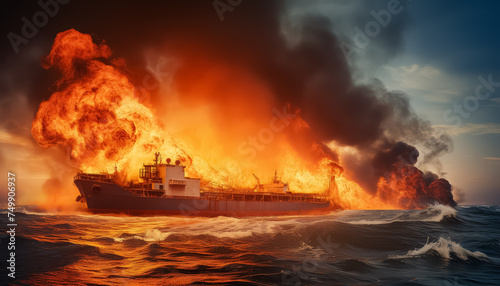A large ship is on fire in the ocean
