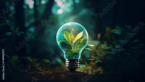 A light bulb is surrounded by green leaves, creating a whimsical