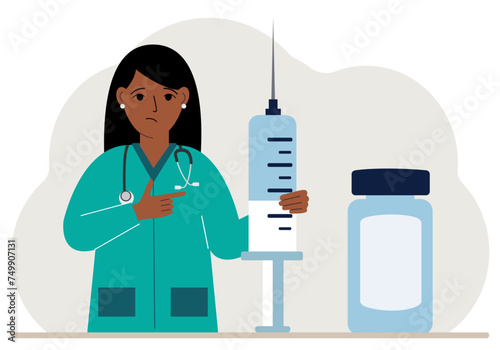 Female doctor with a large syringe and ampoule.
