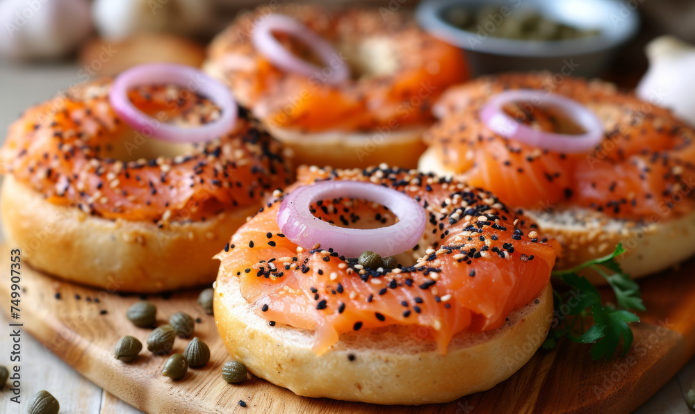 Bagels with smoked salmon, red onion, capers, and parsley on a wooden board. Studio food photography for culinary and recipe design. Bagels with smoked salmon, red onion, capers, and parsley on a wooden board. Studio food photography for culinary and recipe design.