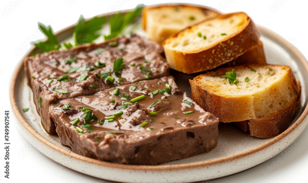 Chopped liver garnished with parsley served with toasted bread slices on a white ceramic plate. Studio food photography for culinary and recipe design Chopped liver garnished with parsley served with toasted bread slices on a white ceramic plate. Studio food photography for culinary and recipe design