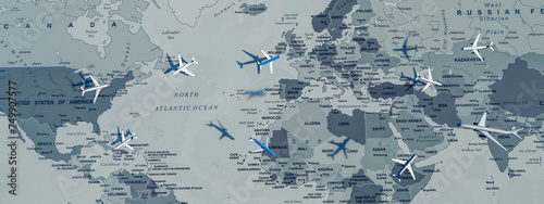 Photography Transcontinental Air Traffic Over a Monochrome World Map Highlighting Major Flig